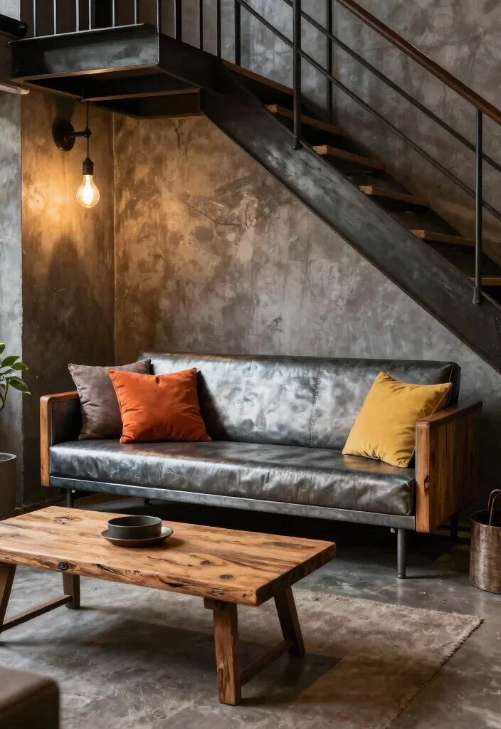15 Sofa Under Stairs Living Room Ideas Clever Space Use 11. Industrial Edge with a Metal Sofa 0