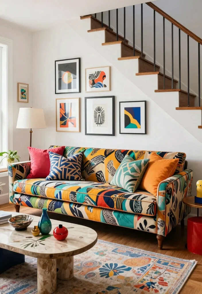 15 Sofa Under Stairs Living Room Ideas Clever Space Use 13. Artsy Vibes with an Upholstered Sofa 0