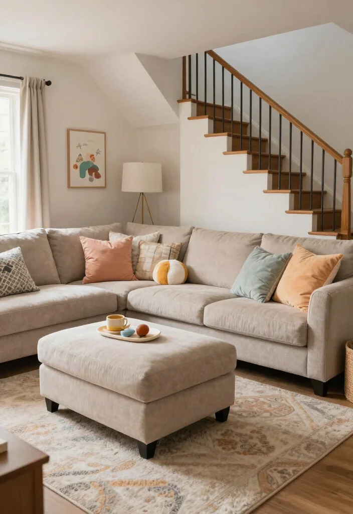 15 Sofa Under Stairs Living Room Ideas Clever Space Use 15. Family Friendly with a Sectional Sofa 0
