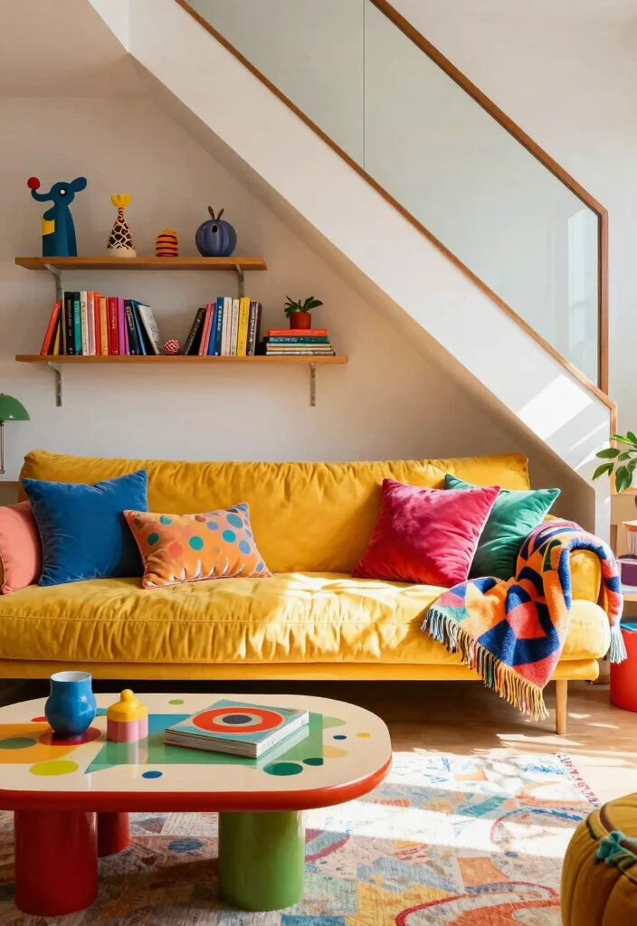 15 Sofa Under Stairs Living Room Ideas Clever Space Use 3. Playful Colors with a Futon 0