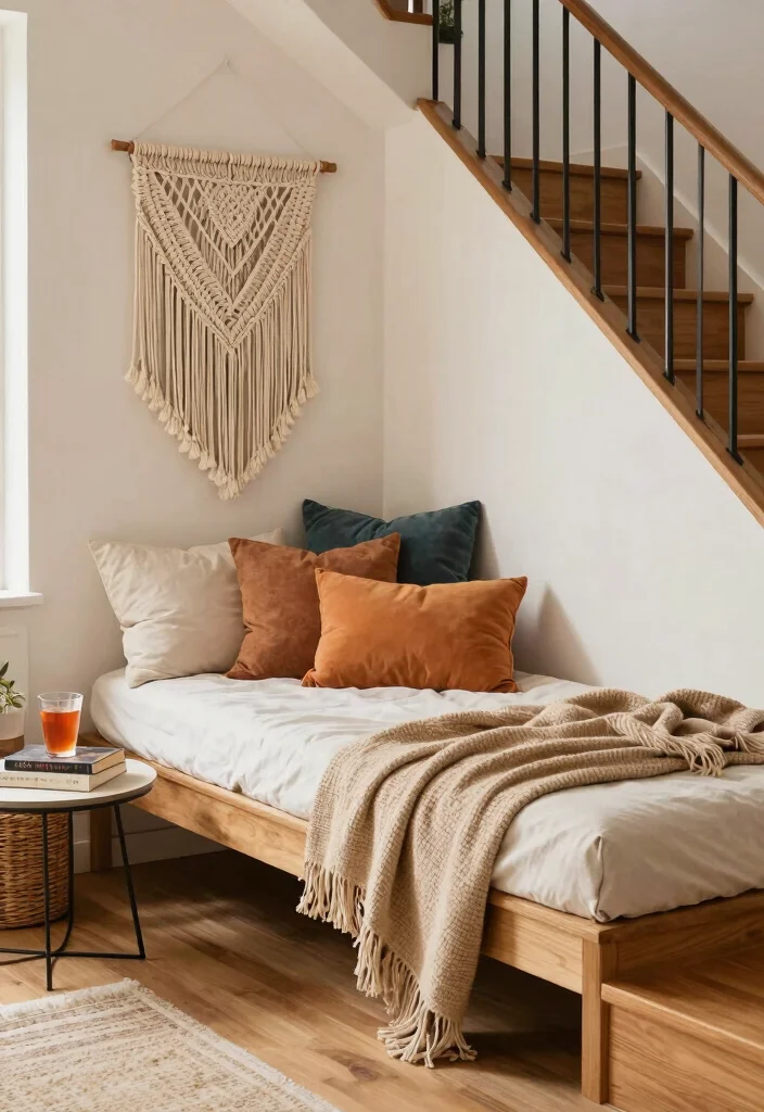 15 Sofa Under Stairs Living Room Ideas Clever Space Use 8. Urban Boho Vibes with a Daybed 0
