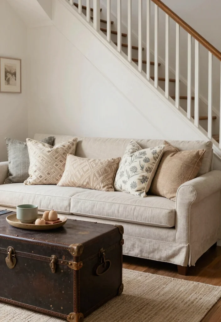 15 Sofa Under Stairs Living Room Ideas Clever Space Use 9. Farmhouse Style with a Bench Sofa 0
