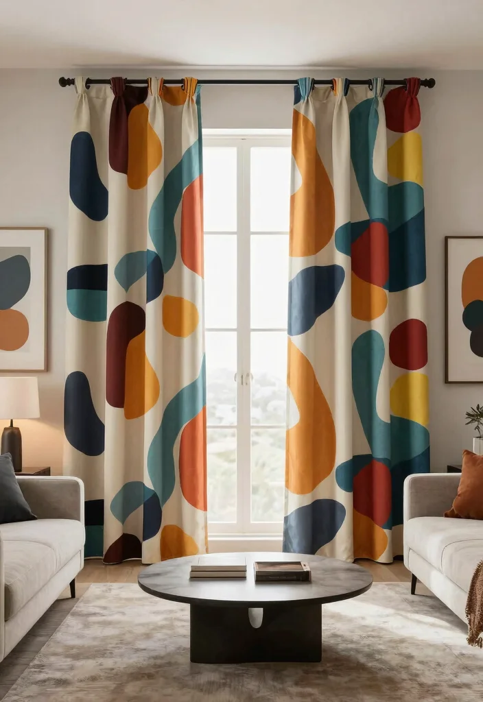 16 Bold Curtains Living Room Ideas Statement Making Style 12. Artistic Abstract Designs 0
