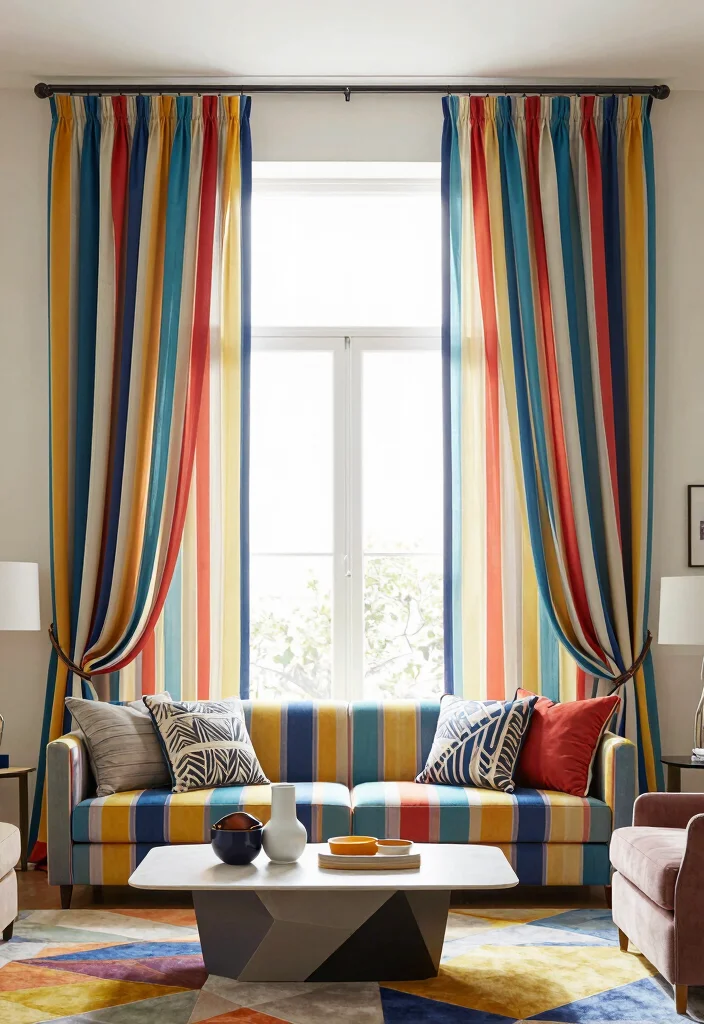 16 Bold Curtains Living Room Ideas Statement Making Style 13. Playful Stripes 0