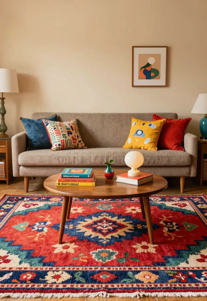 16 Floral Rug Living Room Ideas Soft Patterned Charm 10. Vintage Revival with Retro Floral Prints 0