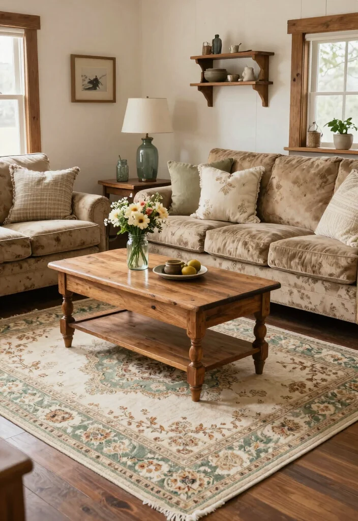 16 Floral Rug Living Room Ideas Soft Patterned Charm 11. Farmhouse Chic with Rustic Floral Rugs 0