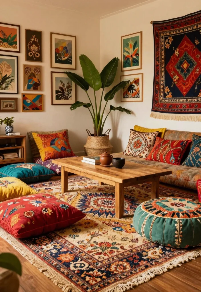 16 Floral Rug Living Room Ideas Soft Patterned Charm 3. Bohemian Fusion with Natural Textures 0