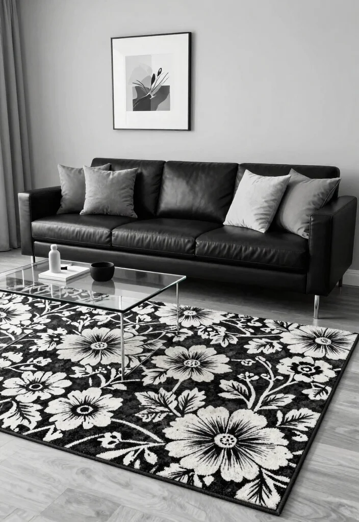 16 Floral Rug Living Room Ideas Soft Patterned Charm 8. Monochromatic Magic with Floral Accents 0