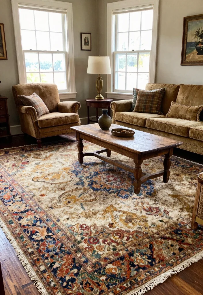 16 Fluffy Rugs in Living Room Ideas Cozy Underfoot Style 11. Vintage Charm 0