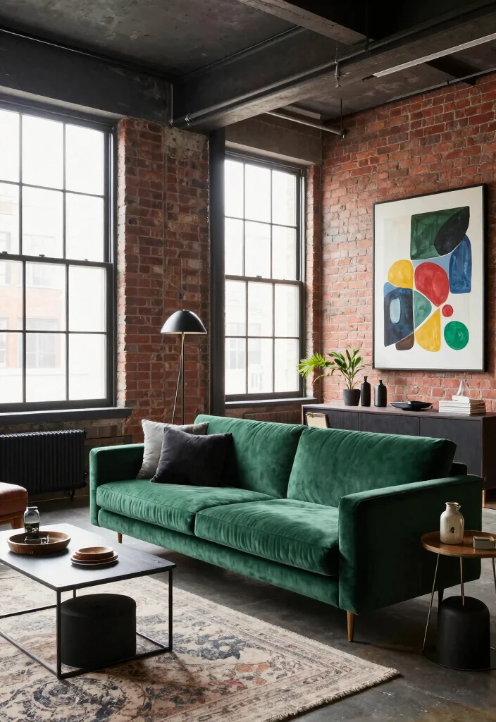 16 Green Velvet Sofa Living Room Ideas Luxe Earthy Style - 10. Chic Urban Loft 1