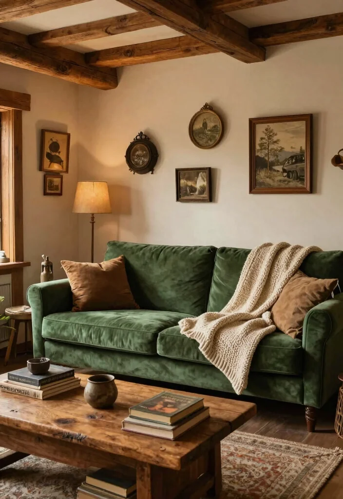 16 Green Velvet Sofa Living Room Ideas Luxe Earthy Style 3. Rustic Charm 0