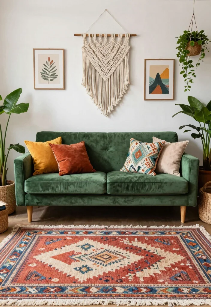 16 Green Velvet Sofa Living Room Ideas Luxe Earthy Style 5. Bohemian Serenity 0