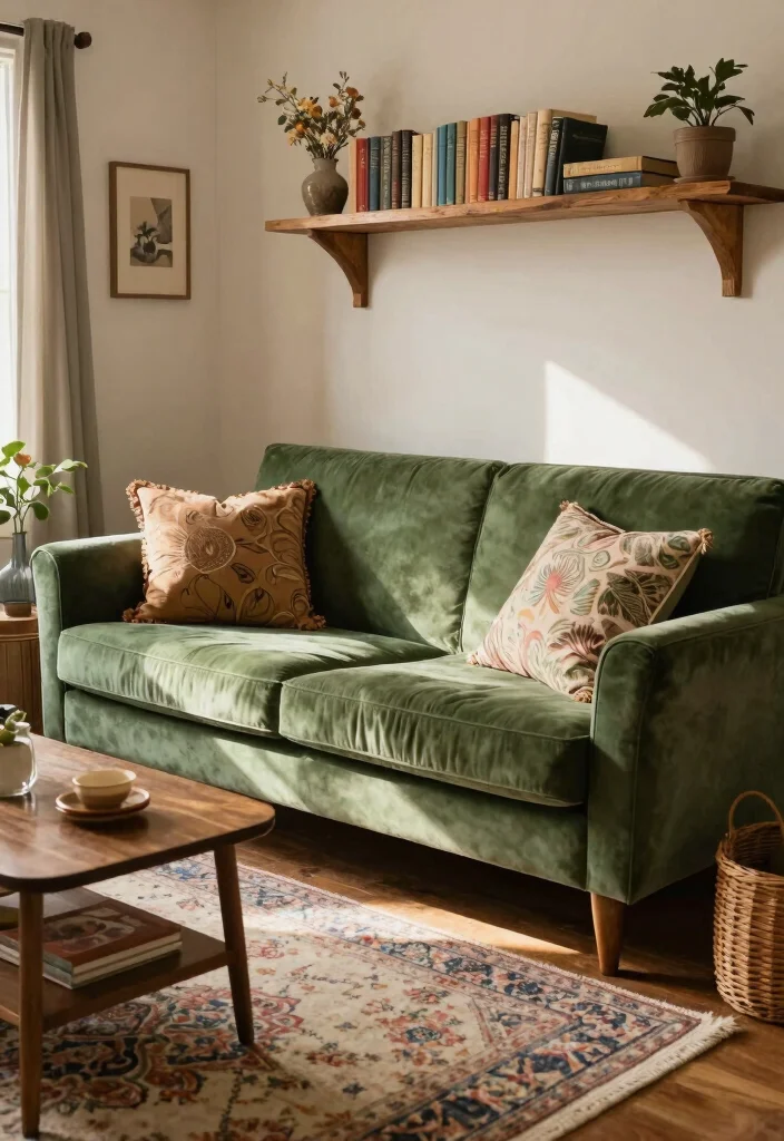 16 Green Velvet Sofa Living Room Ideas Luxe Earthy Style 7. Cozy Cottage Aesthetic 0