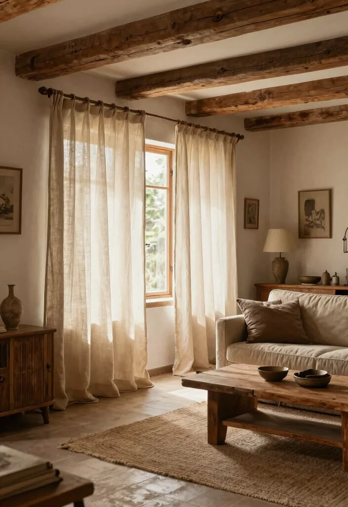 16 Nude Curtains Living Room Ideas in Neutral Warm Tones 10. Rustic Charm 0