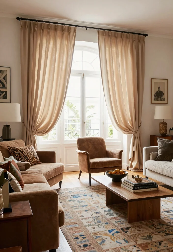 16 Nude Curtains Living Room Ideas in Neutral Warm Tones 16. Eclectic Mix of Styles 0
