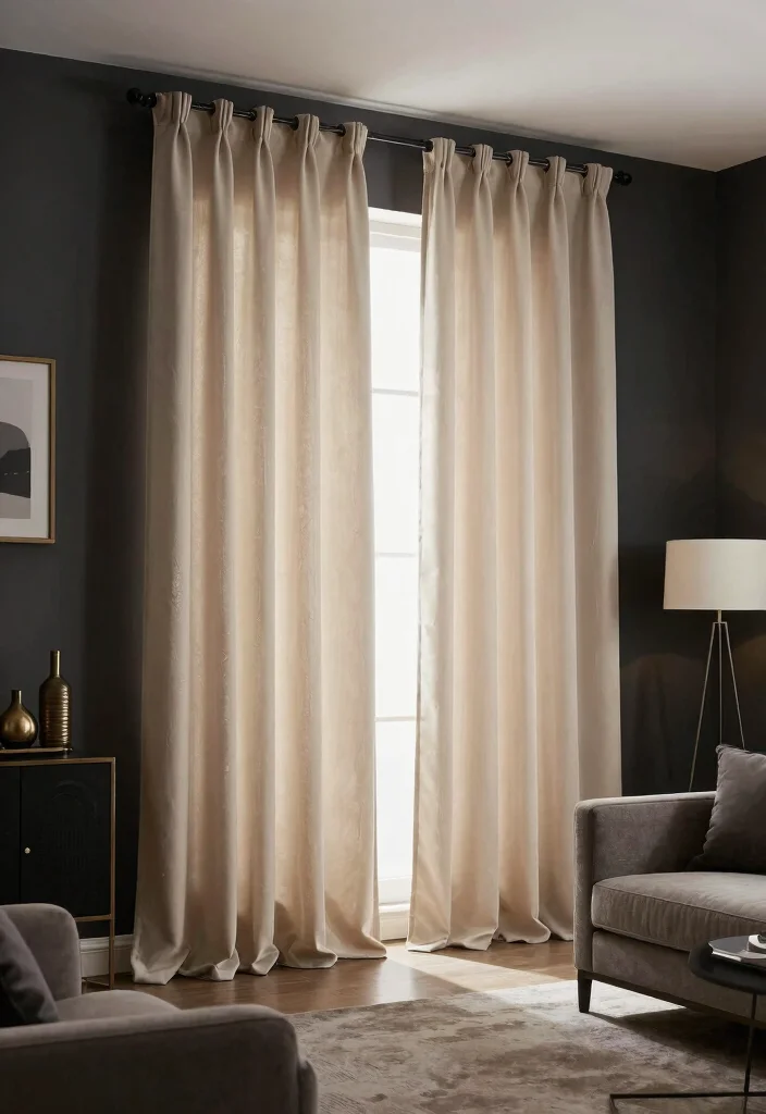 16 Nude Curtains Living Room Ideas in Neutral Warm Tones 7. Contrast with Dark Shades 0