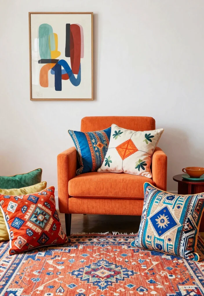 16 Orange Chair Living Room Ideas Bold Warm Accents 6. Combining Patterns for Bold Statements 0