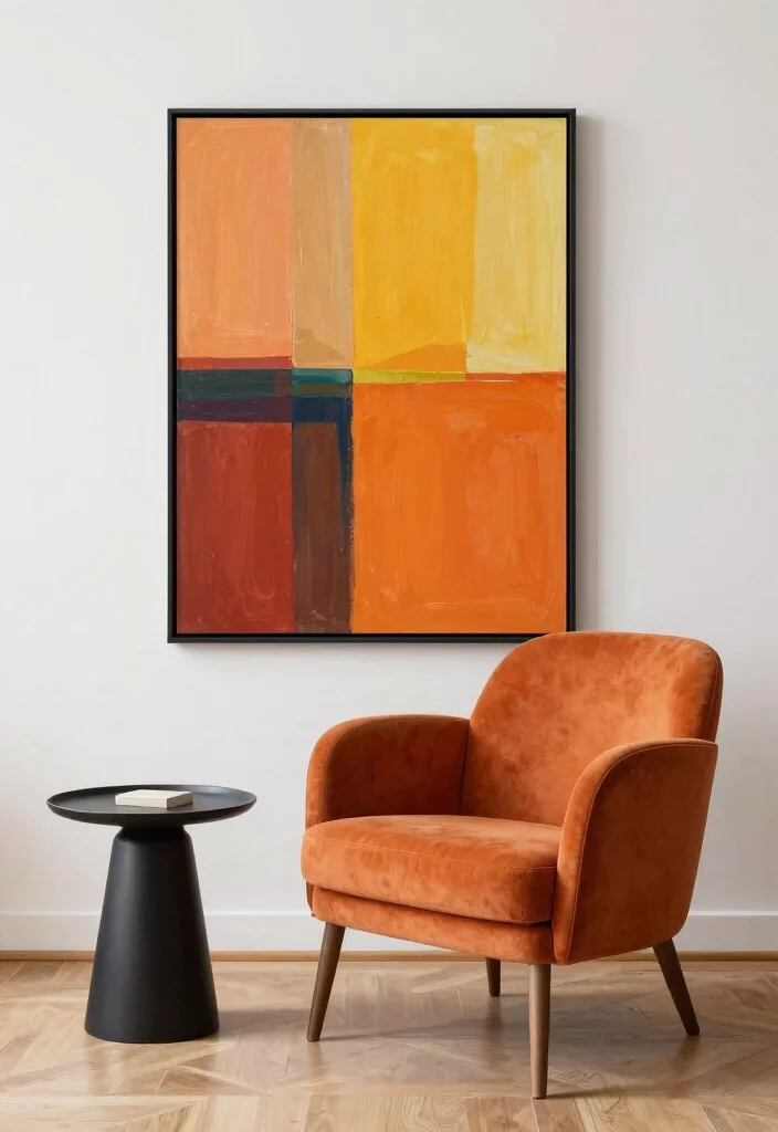 16 Orange Chair Living Room Ideas Bold Warm Accents 9. Artistic Expression with Statement Art 0
