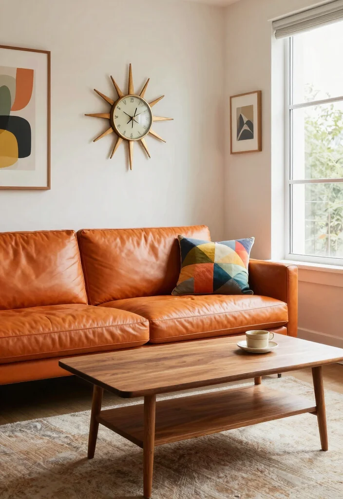 16 Orange Leather Couch Living Room Ideas Retro Warm Style 1. Embrace a Mid Century Modern Vibe 0