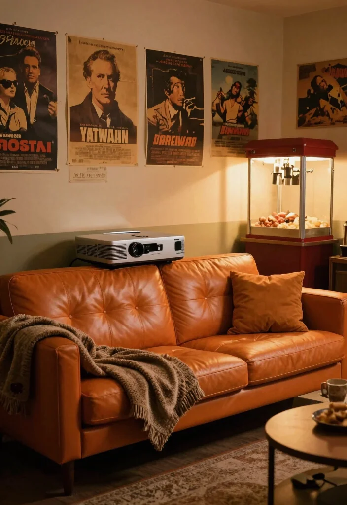 16 Orange Leather Couch Living Room Ideas Retro Warm Style 11. Vintage Movie Room 0
