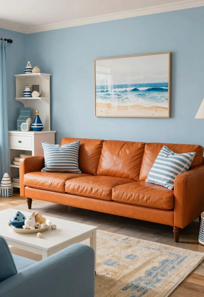16 Orange Leather Couch Living Room Ideas Retro Warm Style 13. Coastal Retro Fusion 0