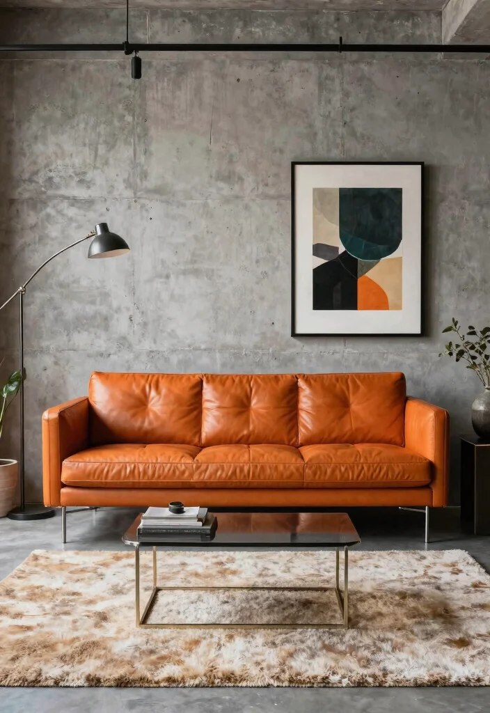 16 Orange Leather Couch Living Room Ideas Retro Warm Style 14. Urban Chic with Retro Flare 0