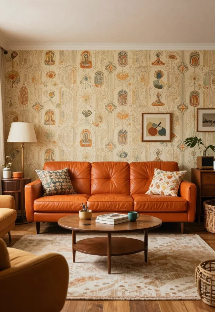 16 Orange Leather Couch Living Room Ideas Retro Warm Style 15. Classic Retro with a Twist 0