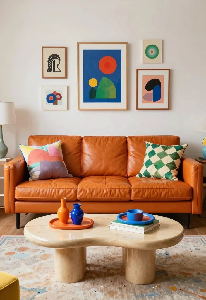 16 Orange Leather Couch Living Room Ideas Retro Warm Style 16. Whimsical Accents for Playfulness 0