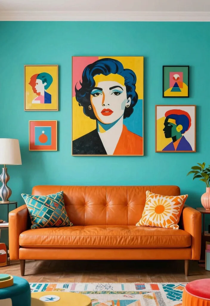 16 Orange Leather Couch Living Room Ideas Retro Warm Style 3. Retro Pop Art Inspiration 0