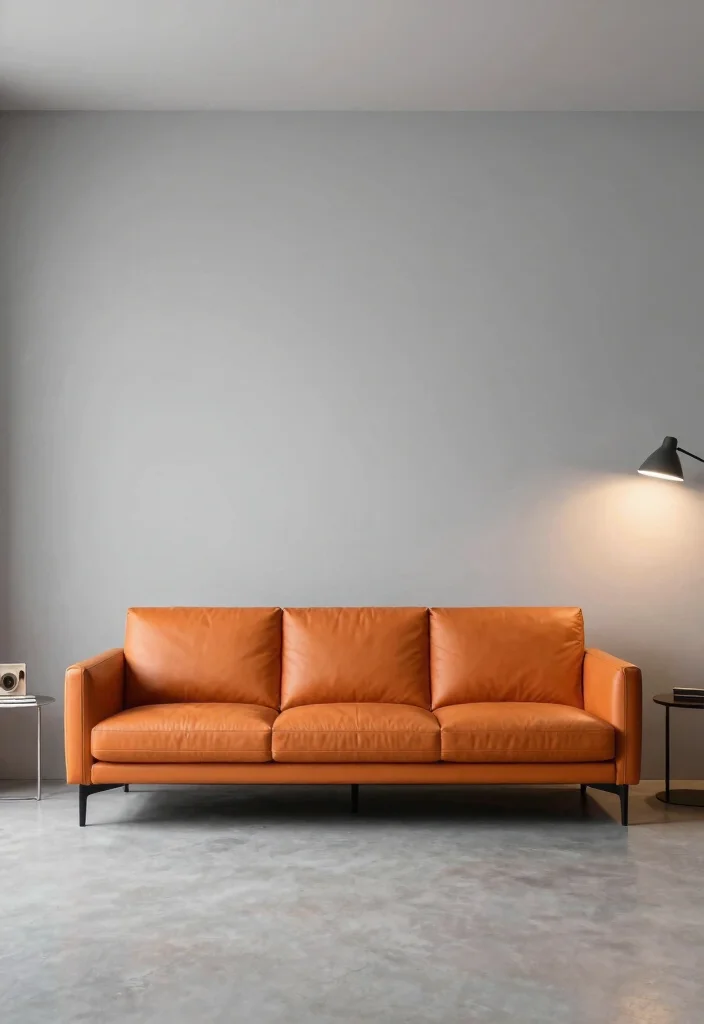 16 Orange Leather Couch Living Room Ideas Retro Warm Style 5. Minimalist Retro Fusion 0