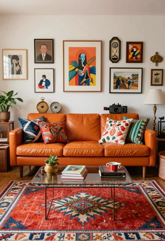 16 Orange Leather Couch Living Room Ideas Retro Warm Style 6. Eclectic Mix of Patterns 0