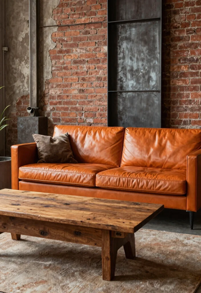 16 Orange Leather Couch Living Room Ideas Retro Warm Style 7. Industrial Chic with Warmth 0