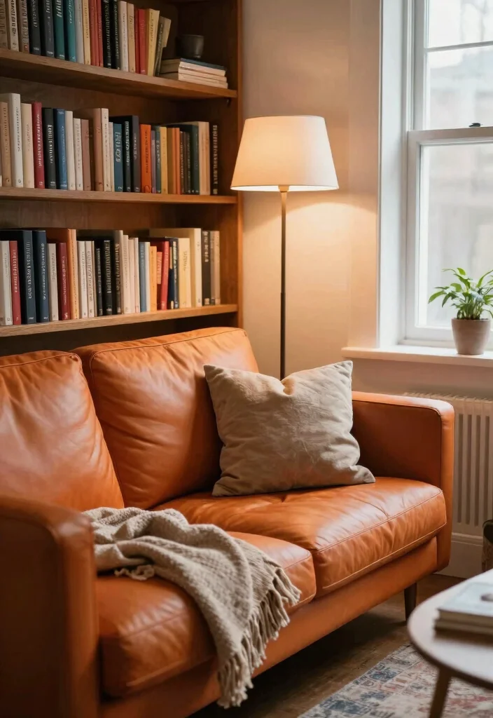 16 Orange Leather Couch Living Room Ideas Retro Warm Style 9. Cozy Reading Nook Vibes 0