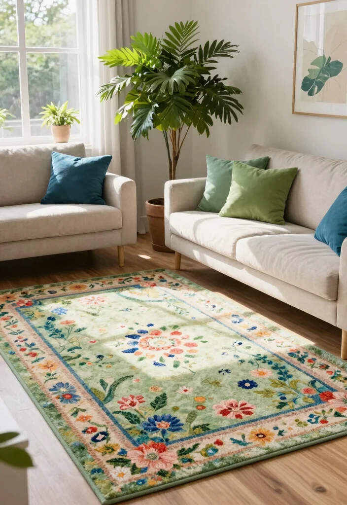 16 Rustic Rugs Living Room Ideas for Natural Cozy Texture 10. Focus on Outdoor Inspired Designs 0