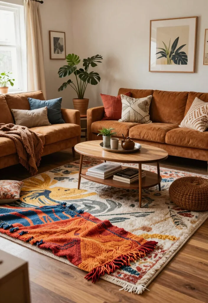 16 Rustic Rugs Living Room Ideas for Natural Cozy Texture 15. Cozy Up with Layered Textiles 0