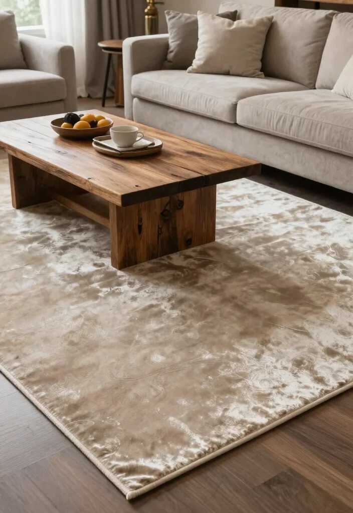 16 Rustic Rugs Living Room Ideas for Natural Cozy Texture 16. Incorporate a Touch of Luxury with Silk 0