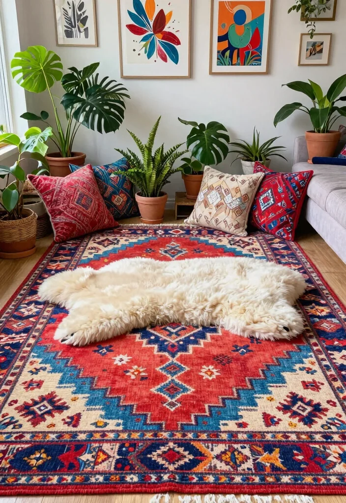16 Rustic Rugs Living Room Ideas for Natural Cozy Texture 6. Add a Touch of Bohemian Style 0