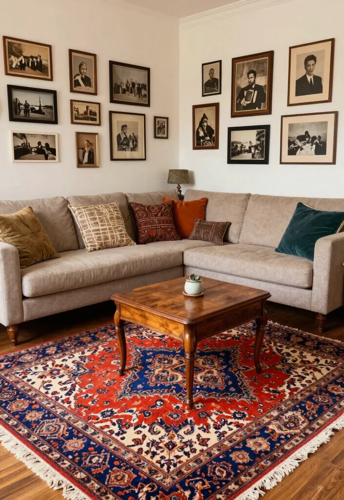 16 Rustic Rugs Living Room Ideas for Natural Cozy Texture 7. Explore Vintage Charm 0