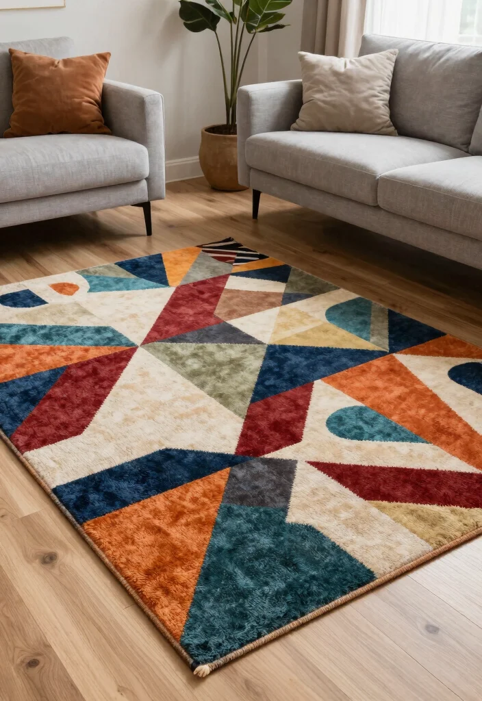 16 Rustic Rugs Living Room Ideas for Natural Cozy Texture 9. Incorporate Geometric Patterns 0