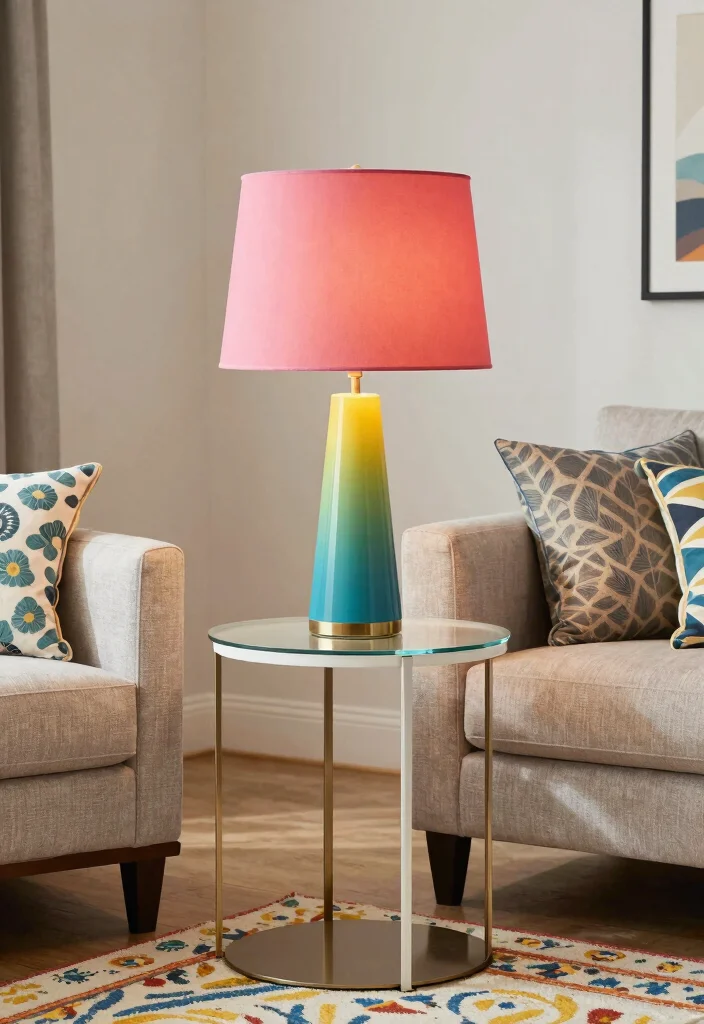 16 Table Lamps Living Room Ideas for Warm Layered Lighting 11. Colorful Tapered Lampshade Table Lamp 0