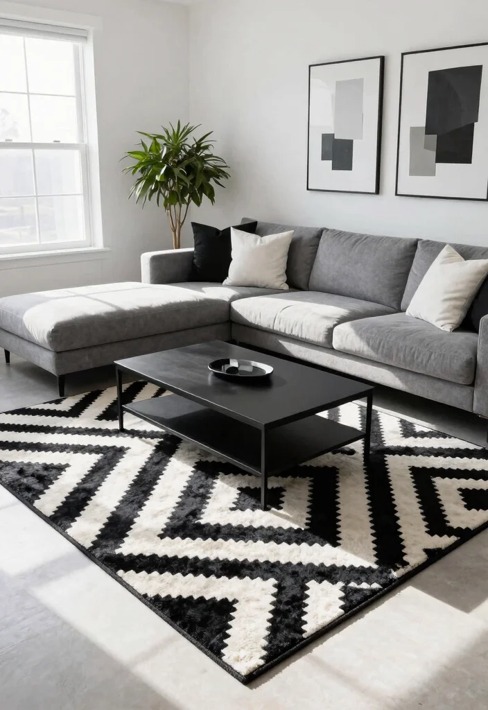 17 Black and White Area Rug Living Room Ideas Graphic Chic 1. Bold Geometric Patterns 0