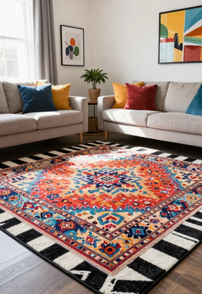 17 Black and White Area Rug Living Room Ideas Graphic Chic 12. Layered with Color 0