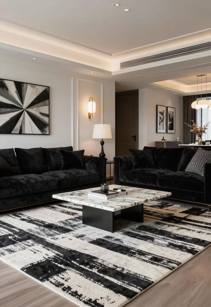 17 Black and White Area Rug Living Room Ideas Graphic Chic 13. Refined and Sophisticated 0
