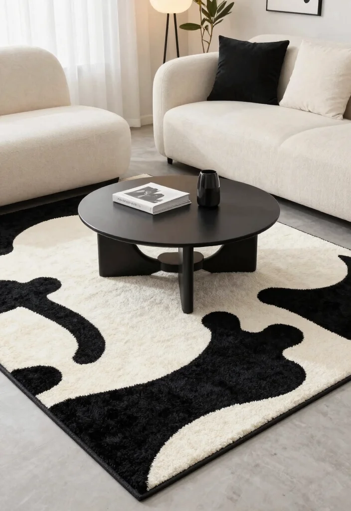 17 Black and White Area Rug Living Room Ideas Graphic Chic 14. Playful Curves 0