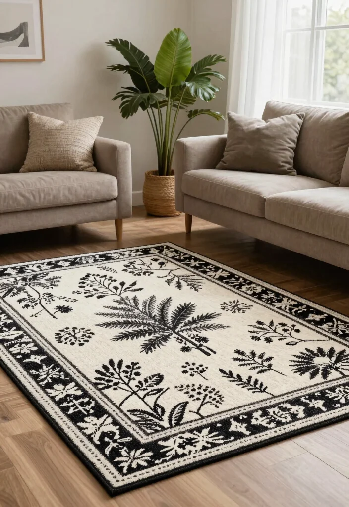 17 Black and White Area Rug Living Room Ideas Graphic Chic 16. Nature Inspired Tones 0