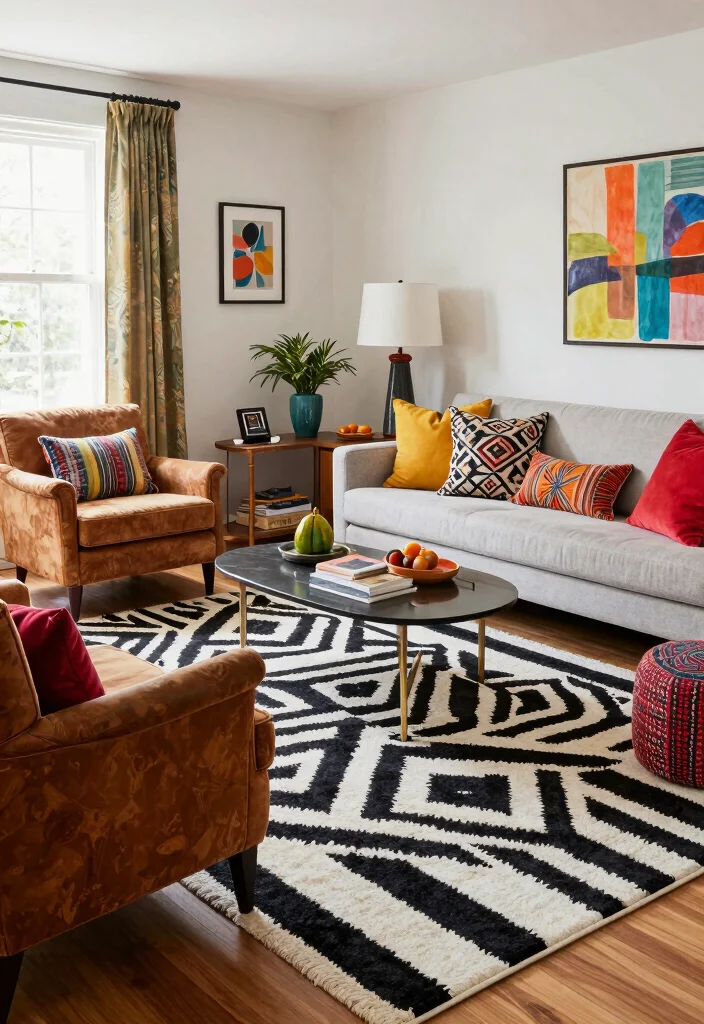 17 Black and White Area Rug Living Room Ideas Graphic Chic 7. Eclectic Mix and Match 0