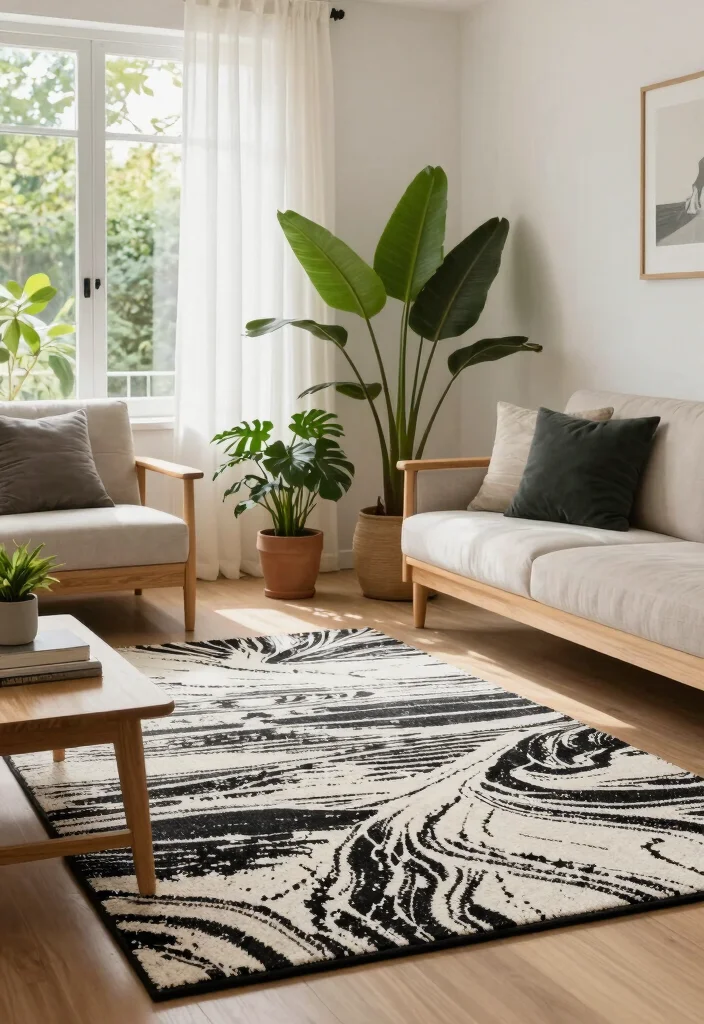 17 Black and White Area Rug Living Room Ideas Graphic Chic 8. Outdoor Inspired Vibes 0