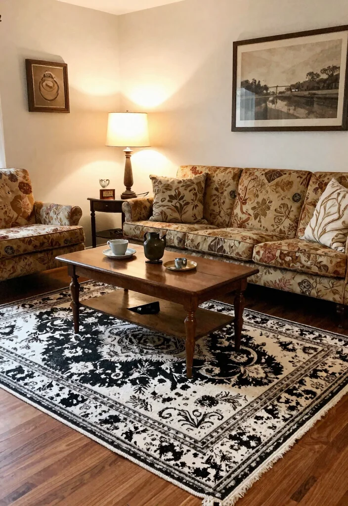 17 Black and White Area Rug Living Room Ideas Graphic Chic 9. Vintage Charm 0