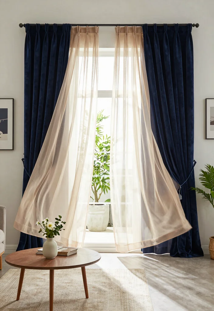 17 Double Curtains Living Room Ideas Layered Elegant Looks 1. Soft Sheer and Bold Velvet 0