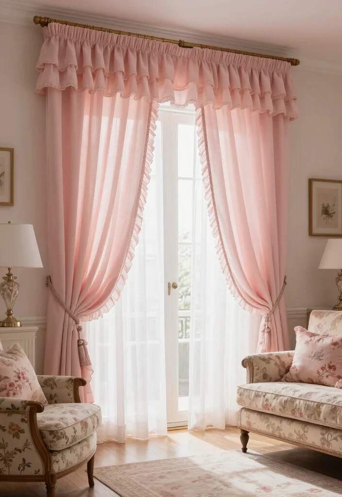 17 Double Curtains Living Room Ideas Layered Elegant Looks 13. Vintage Charm with Ruffled Layers 0